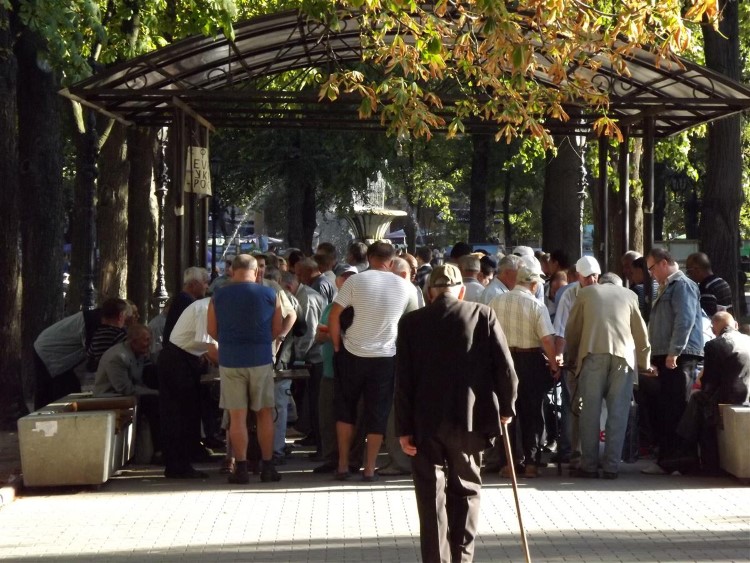 Одесситы шахматисты под навесом в парке Одессы